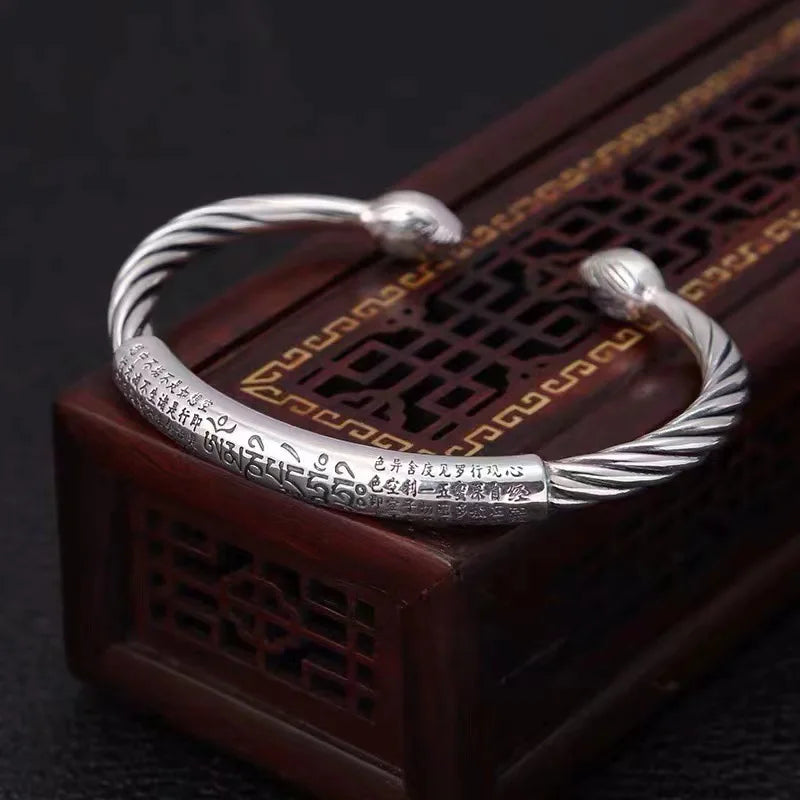 Retro Tibetan Six-Character Mantra Bracelet — Silver Plated Lotus Cuff for Men