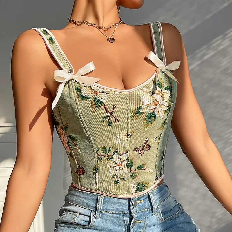 French Style Floral Corset Crop Cami – Bow Tie Lace-Up Spaghetti Strap Fitted Bustier Top for Women