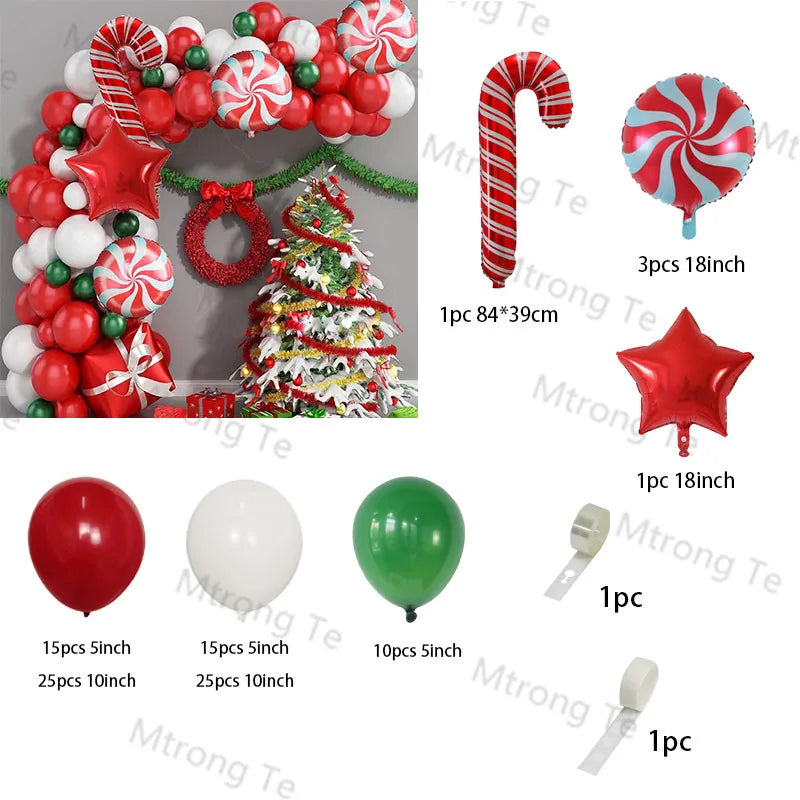 Christmas Balloon Garland Arch – Red & Green Balloons, Star, Santa, and Gift Box Foil Balloons for Xmas and New Year Decoration