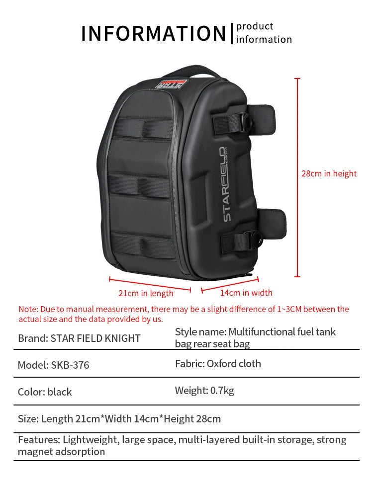 Waterproof Motorcycle Seat Back Bag – Large Capacity Hard Tail Box Luggage for Racing & Riding, Black Fuel Tank Motorbike Storage