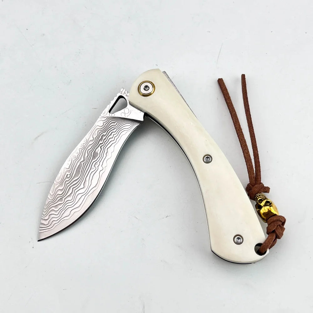 Higonokami Damascus Steel Folding Knife - Bone Handle Camping & Slicing Tool