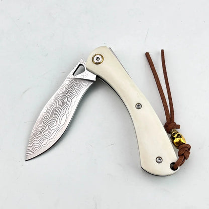 Higonokami Damascus Steel Folding Knife - Bone Handle Camping & Slicing Tool