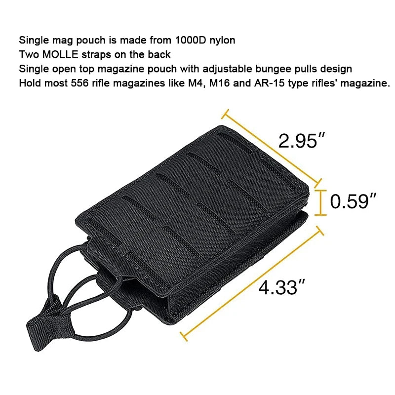 Tactical 5.56mm Mag Pouch – Single Magazine Open-Top MOLLE Bag for M4, M14, M16, AR-15 Rifle Magazines