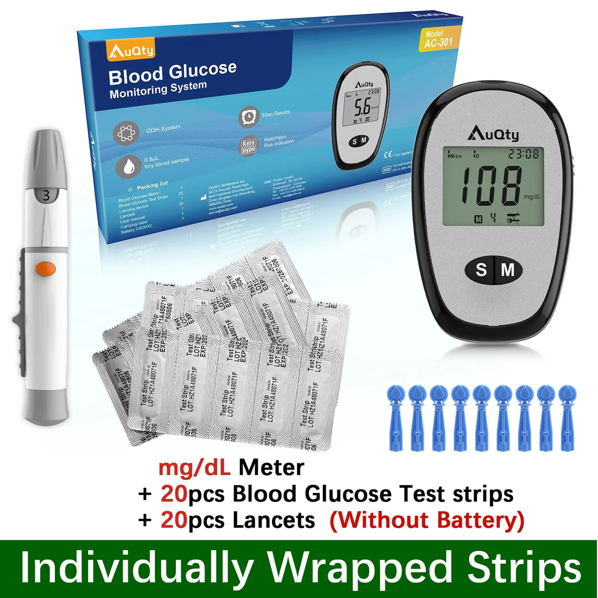 Blood Glucose Meter Kit - Digital Diabetes Monitor with Individually Wrapped Test Strips and Fast Results