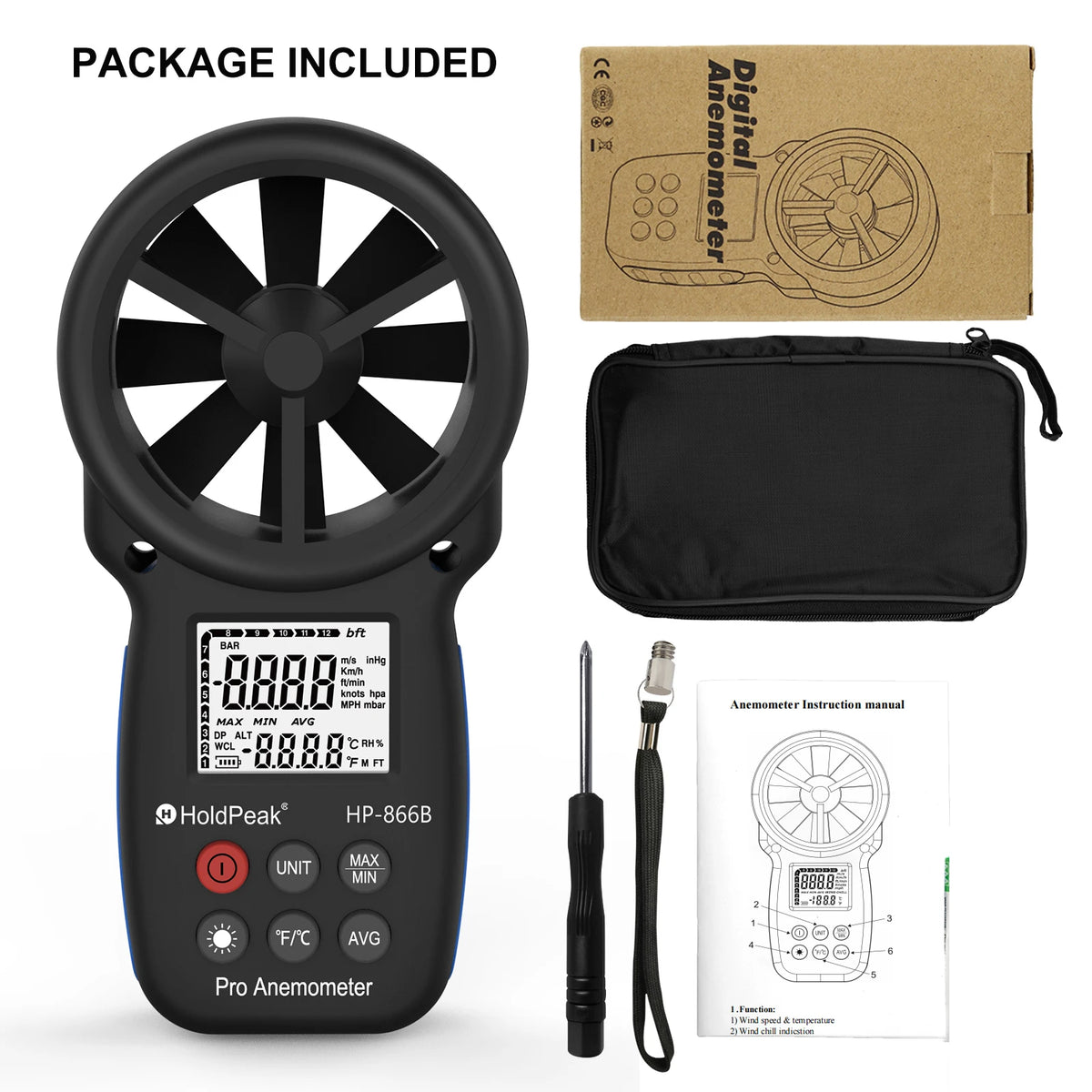 HOLDPEAK HP-866B Anemometer - Handheld Wind Speed & Temperature Meter with Wind Chill, Max/Min & LCD Backlight