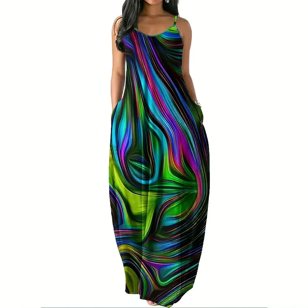 Women’s Summer 3D Butterfly Print Dress – Black & White Sleeveless Spaghetti Strap Loose Long Vest Dress, Plus Size Vintage Style