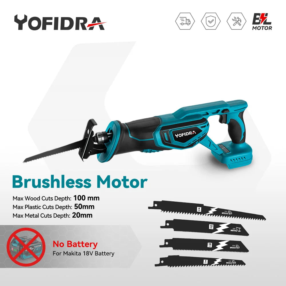 YOFIDRA 3000W Brushless Reciprocating Saw — 4-Blade Multifunction Metal, Wood & Pipe Cutter for 18V/21V Battery