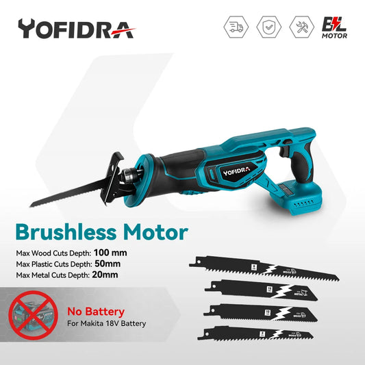 YOFIDRA 3000W Brushless Reciprocating Saw — 4-Blade Multifunction Metal, Wood & Pipe Cutter for 18V/21V Battery