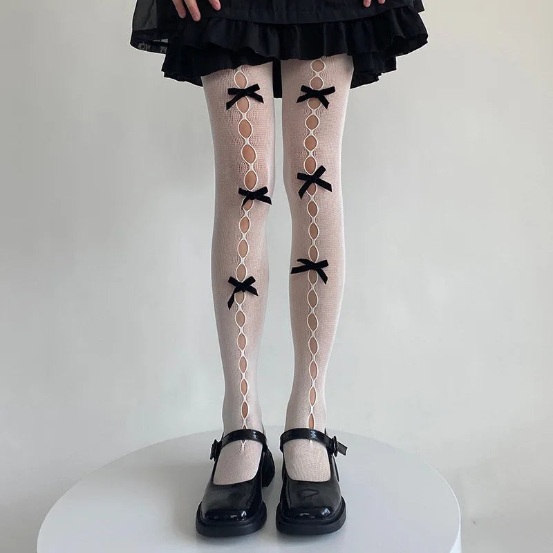 Bowknot Lace Fishnet Pantyhose - Y2K Hollow Out Tights for Women