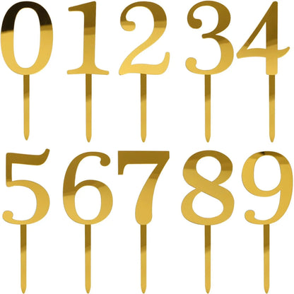 10–20PCS Acrylic Number Cake Toppers (0–9) – Gold Birthday & Wedding Cupcake Decorations for Party Cakes