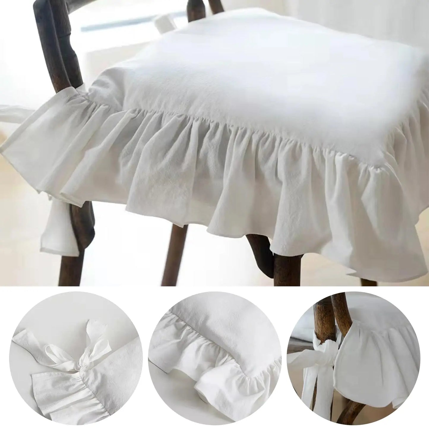 Ruffled Dining Chair Pads - Vintage Seat Cushion Covers with Ties Non-Slip Kitchen Farmhouse Decor
