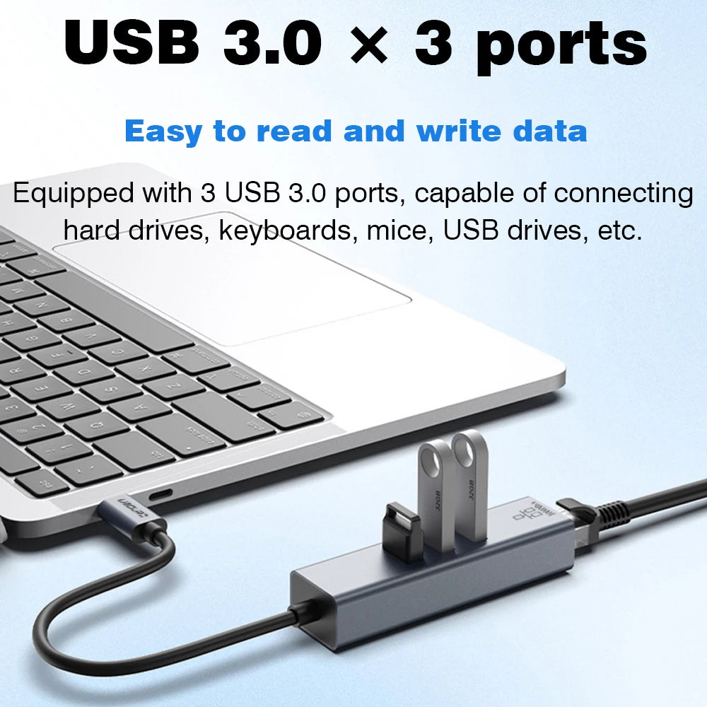 USB-C Hub Docking Station – Type C to RJ45 1000Mbps Ethernet Adapter, USB 3.0 Hub, 100W Charging Dock