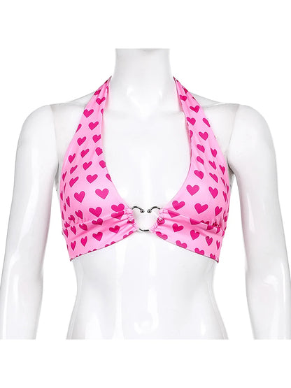 Pink Heart Print Bustier Crop Top for Women – Kawaii Aesthetic Lace-Up Backless Bralette Camisole Sleeveless Fashion Top