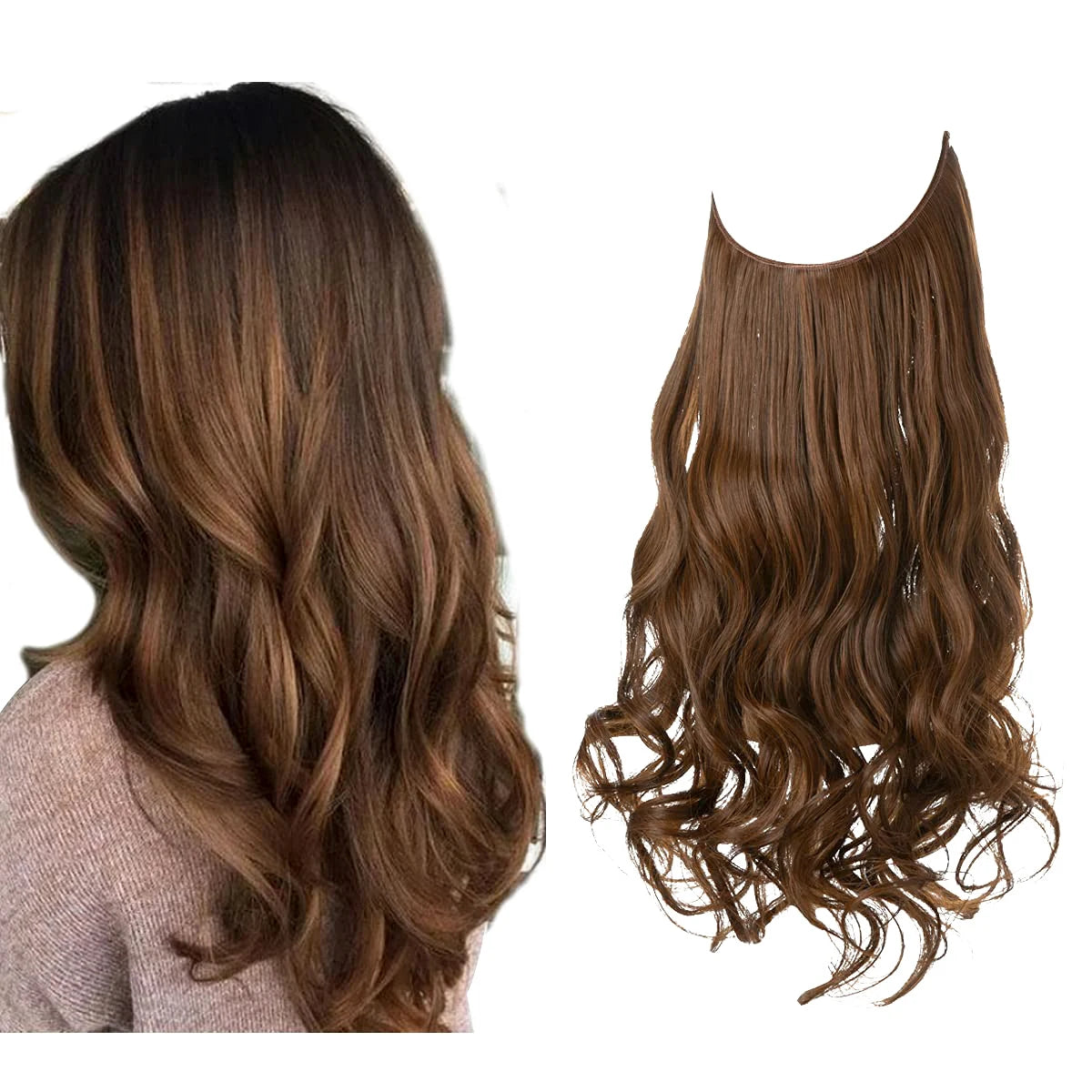 Synthetic Ombre Hair Extension - One Piece Invisible Wire Long Wavy Clipless False Hairpiece Black Blonde Pink