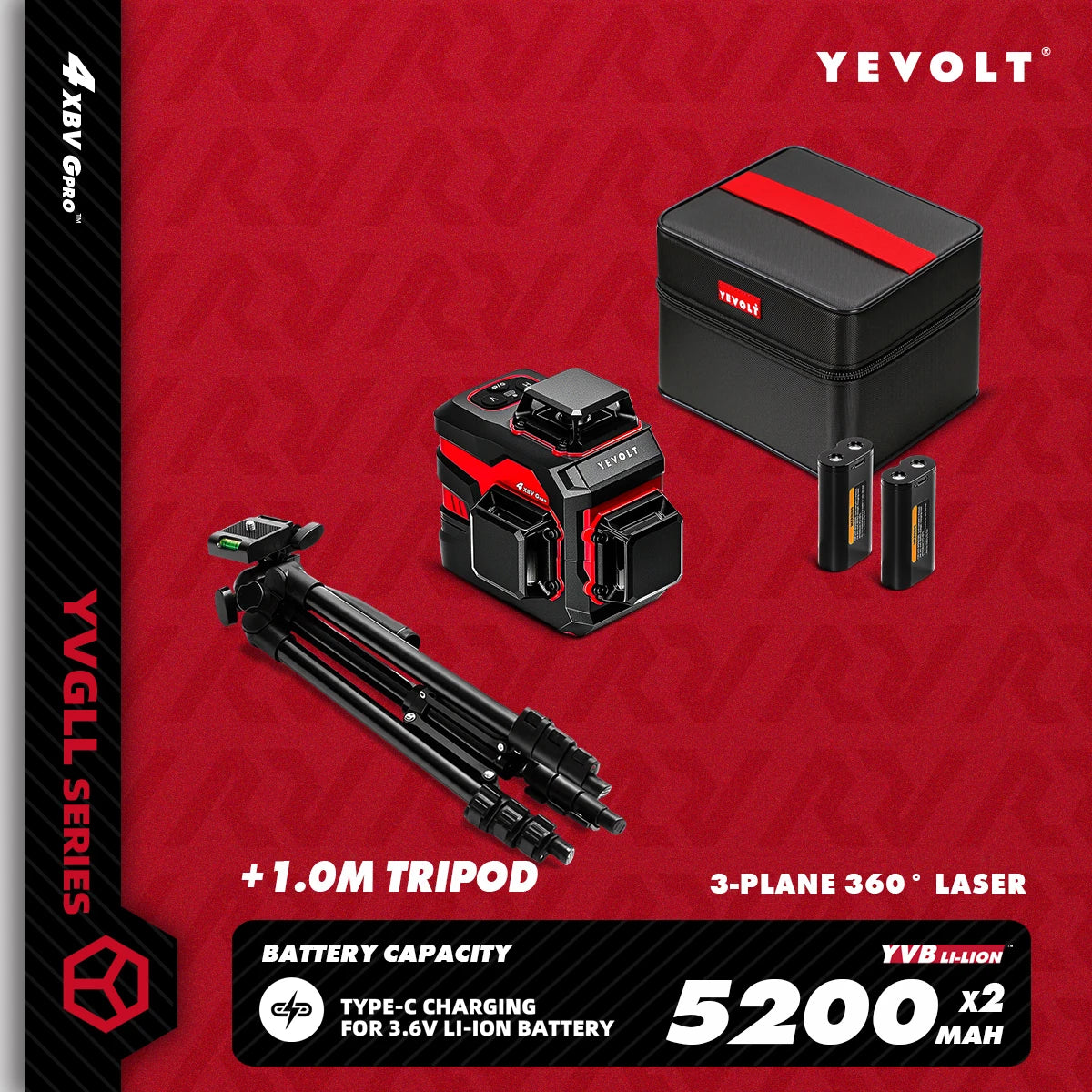 YEVOLT YVGLL4XS12 12-Line Green Laser Level – ±0.2mm/m Precision, IP54 Waterproof, Auto-Leveling with Slope Mode