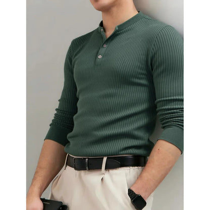 Men's Ribbed Stripe Polo Shirt - Long Sleeve Button Placket Premium Business Casual Top