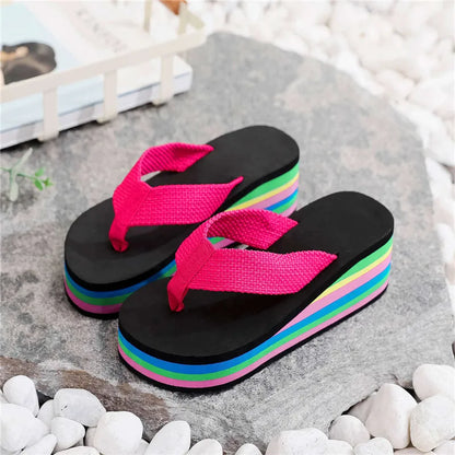 Summer Women’s Rainbow Bohemian Clip Toe Flip Flops – Non-Slip Wedge Beach Sandals
