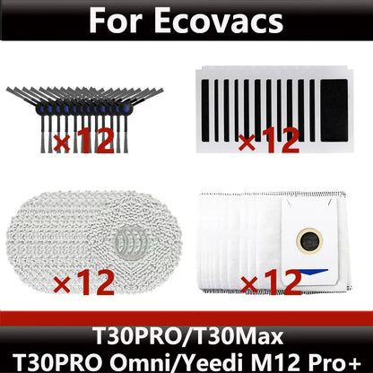 ECOVACS T30S PRO/T30 PRO OMNI & YEEDI M12 Pro+ Robot Vacuum Replacement Parts – Dust Bag, Main & Side Brush, Filter, Mop Accessories