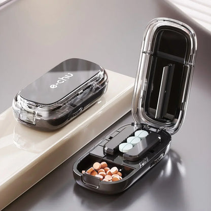 Quartering Pill Cutter & Storage Box – Portable Dustproof Medicine Tablet Crusher with Divider Organizer