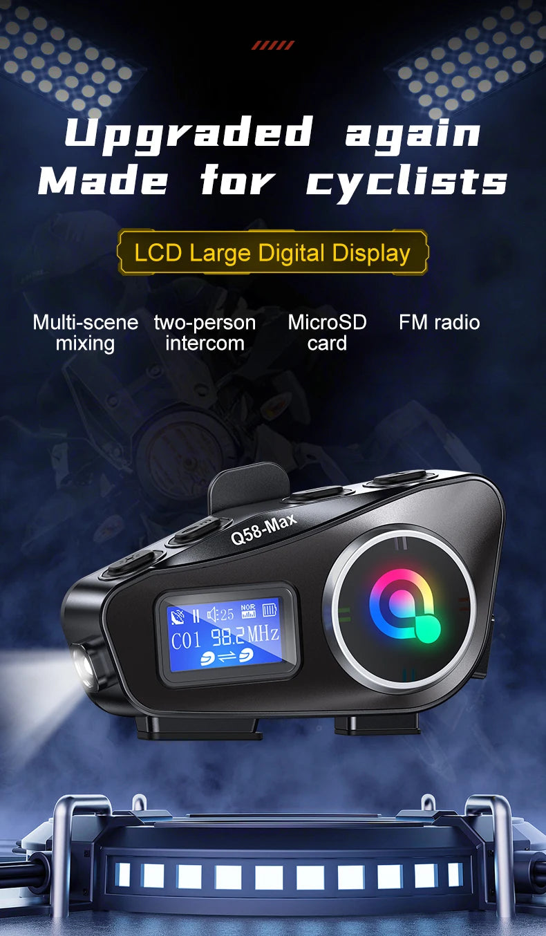 Q58 Max Motorcycle Helmet Bluetooth Intercom – IP65 Waterproof, 500M Range, Multi-Scene Music Sharing