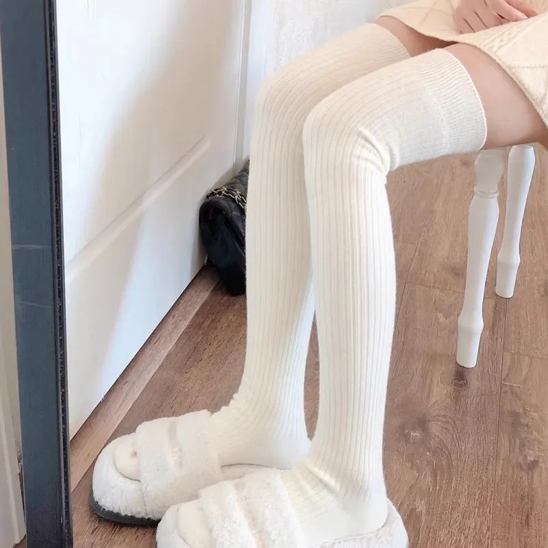 Thick Wool Thigh High Socks for Women - Warm Lolita Style Long Leg Stockings in Solid Colors for Autumn / Winter