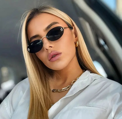 Diamond Letter "F" Rimless Sunglasses | Women’s Luxury Metal Frame Black Oval UV400 Shades