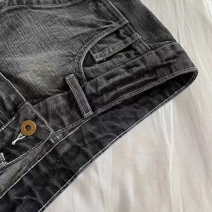 Vintage Women’s Denim Shorts – Low Waist Elastic Skinny Black & Grey Washed Summer Hot Jeans