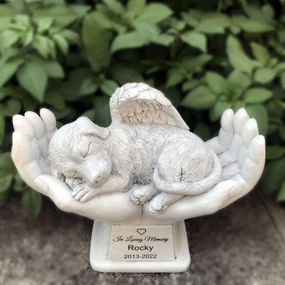 Personalized Dog Memorial Grave Marker – Angel Statue Stone with "In God's Hands" for Pet Headstone & Garden Tribute