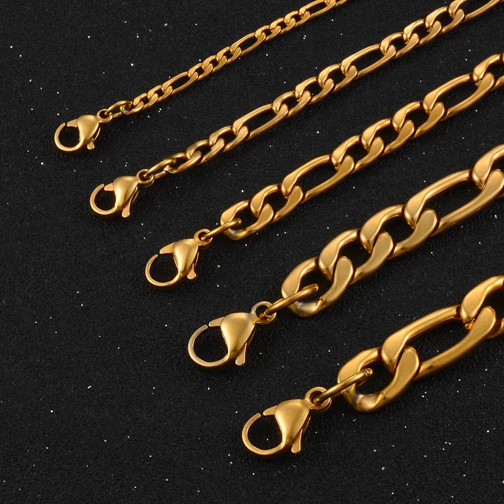 Gold Color Stainless Steel Figaro Chain – 3.0mm-9.5mm for Men & Women, High-Quality Fashion Jewelry