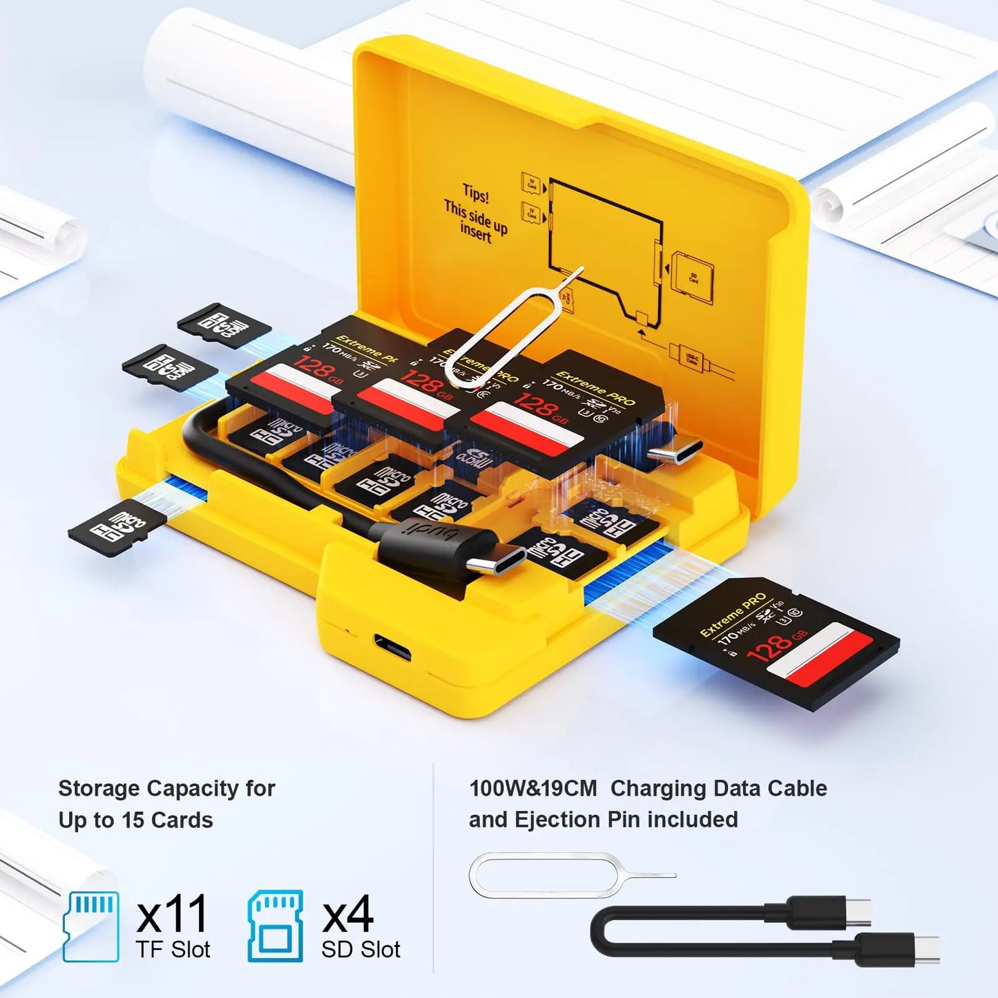 BUDI SD Memory Card Reader – 4 Cards Simultaneous Read/Write with 15-Slot Storage Case, Type-C Compatible Multi Card Organizer