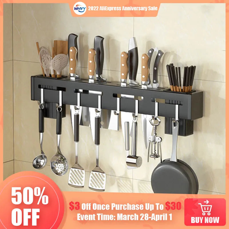 Organize Your Kitchen: Stainless Steel Wall Mounted Knife Holder Shelf - Nail-Free Storage Rack with Hooks for Cutlery - Cabinet Organizer for a Clutter-Free Kitchen