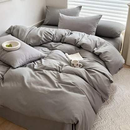 Solid Cotton Bedding Set - Sheet, Duvet Cover & Pillowcase, Single/Double/Twin/King/Queen Size