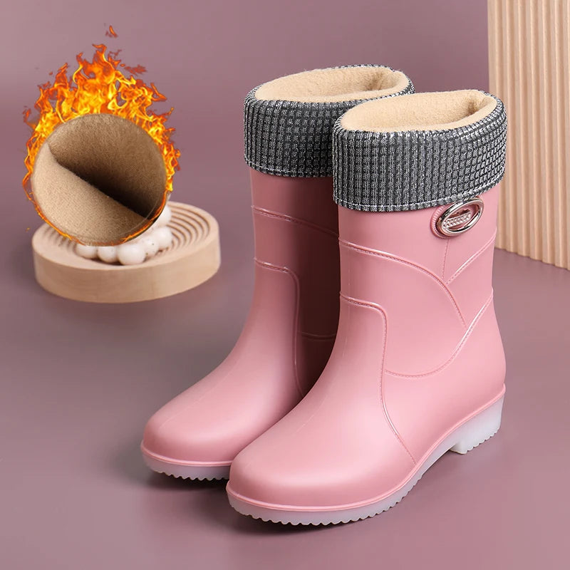 Women’s Fashion Mid-Tube Rain Boots – Wear-Resistant, Waterproof Rubber Shoes with Thick Sole, Non-Slip & Cotton Lining