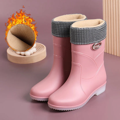 Women’s Fashion Mid-Tube Rain Boots – Wear-Resistant, Waterproof Rubber Shoes with Thick Sole, Non-Slip & Cotton Lining