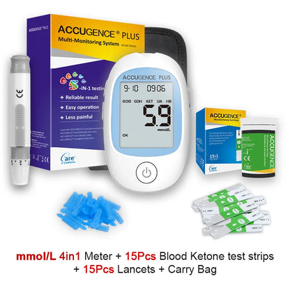 4-in-1 Multifunction Blood Monitor – Hemoglobin, Glucose, Ketone, Uric Acid Test for Diabetes, Anemia, Gout