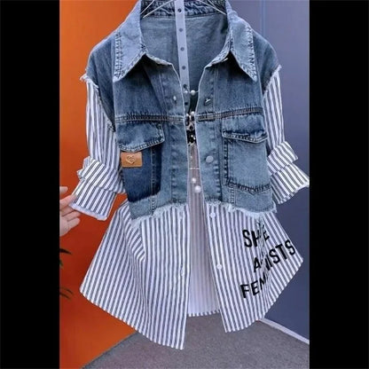 Women’s Denim Jacket – 2025 Casual Fashion, Fake Two Denim Shirts with Striped Stitching, Spring & Autumn Coat