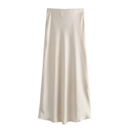TRAFZA 2024 Y2K Women’s Long Skirt – Elastic High-Waist A-Line Satin Skirt for Spring Casual & High Street Fashion