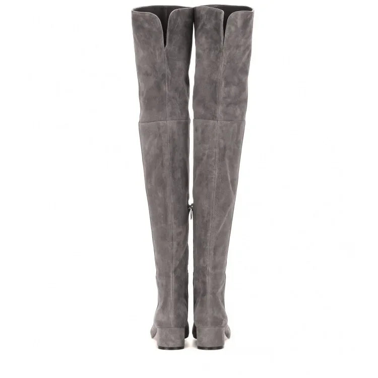 Women’s Over-the-Knee Winter Boots – Round Toe Mid Heel Faux Suede Black Fashion Shoes