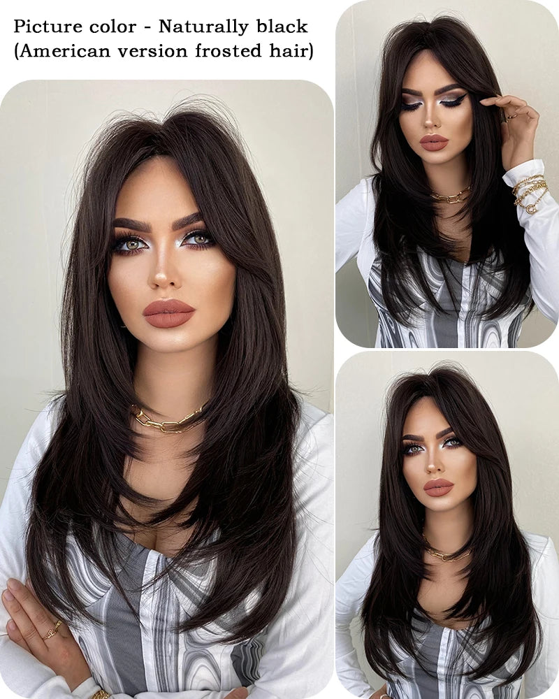 7JHH Honey Blonde Wig with Bangs - Long Brown Layered Heat Resistant Synthetic Wig for Women, Daily Use