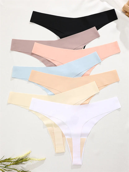 FINETOO 6PCS Women’s Ice Silk Seamless Thongs – Sexy V-Waist Low Rise Sport Panties, Breathable G-String in 10 Solid Colors