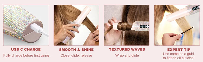 2-in-1 Wireless Hair Straightener & Curler – USB Rechargeable Diamond Design Styling Brush for Travel & Home