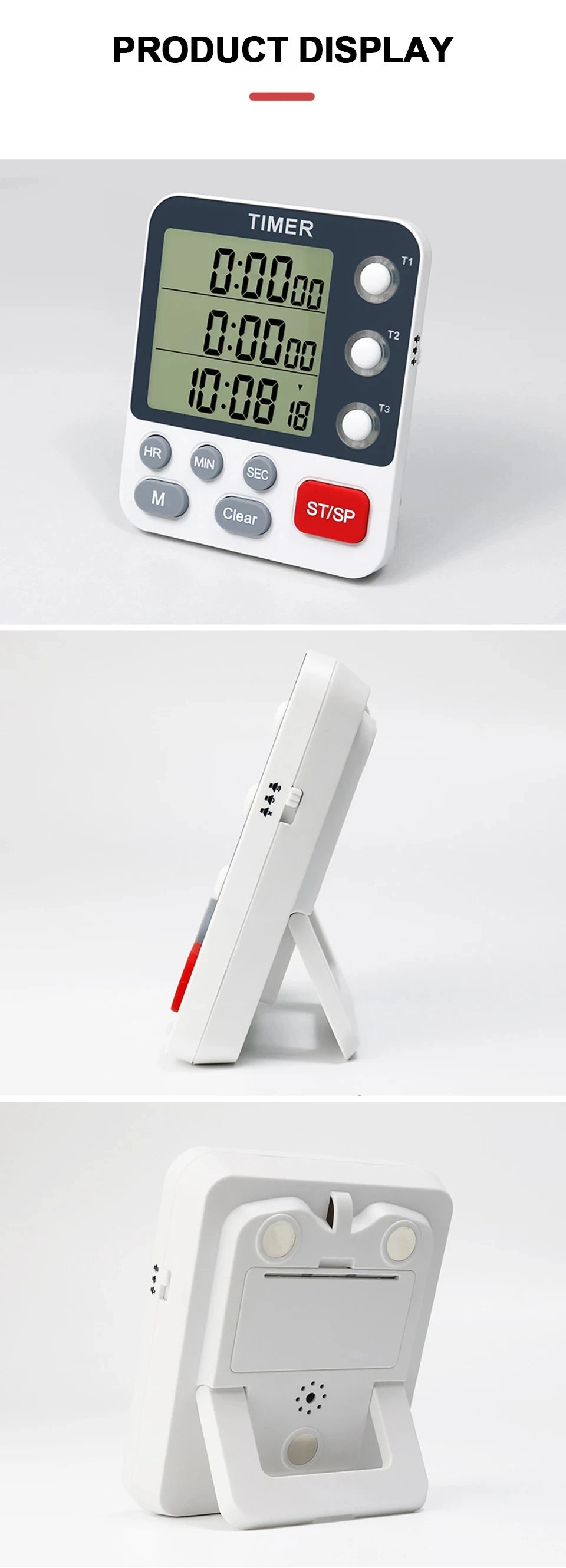 3 Channel Digital Kitchen Timer – Count Up/Down with LCD Display, Adjustable Volume & Mute Flashing Alarm