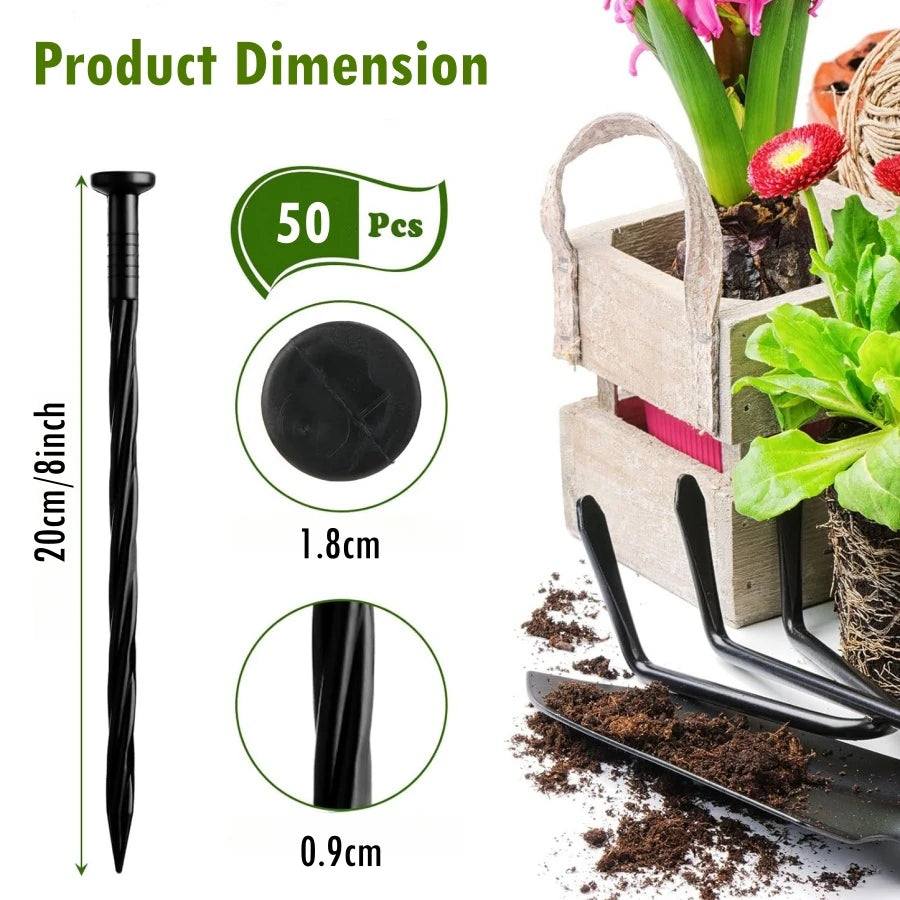 50PCS Plastic Lawn Stakes - 20cm Landscaping Anchoring Spikes for Garden Edging and Weed Barriers