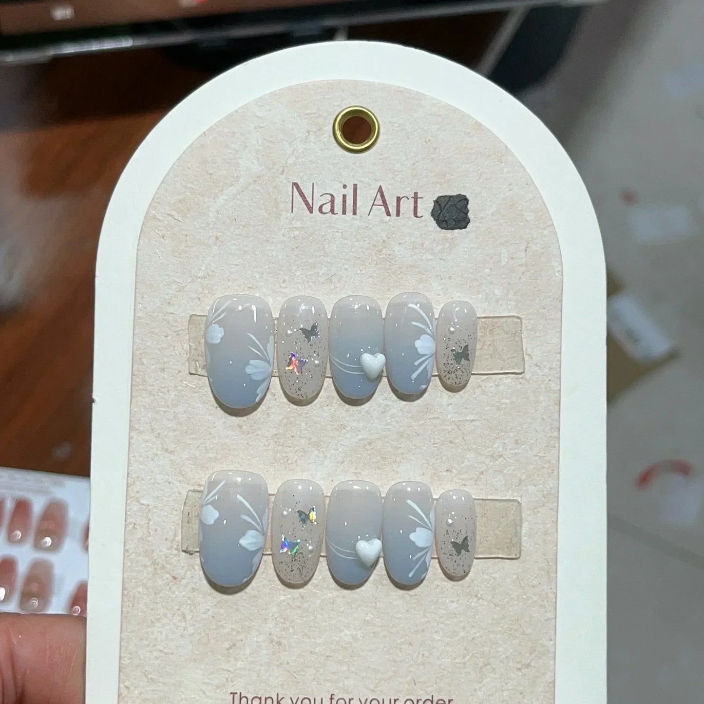 10 Pcs Short Handmade Pink Press-On Nails – Spring French Rhinestone Plaid Full Cover Fake Nail Tips