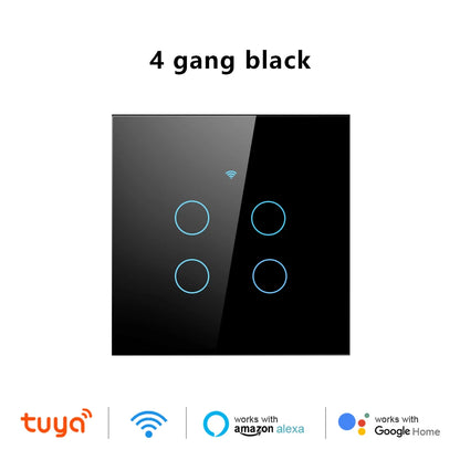 Tuya WiFi Smart Touch Light Switch - Wireless LED Control, No Neutral Wire Required, 1-4 Gang, Compatible with Alexa and Google Home