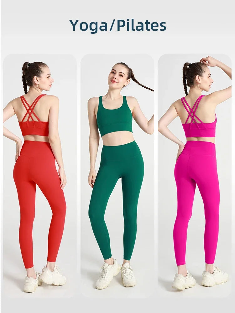 Summer 2 Piece Women's Yoga Tracksuit - Cross-Back Nylon Top and Leggings Athletic Set for Pilates and Fitness
