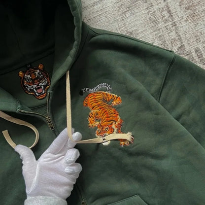 Y2K Tiger Embroidered Hoodie - Oversized Unisex Zip Up Sweatshirt with Kangaroo Pocket