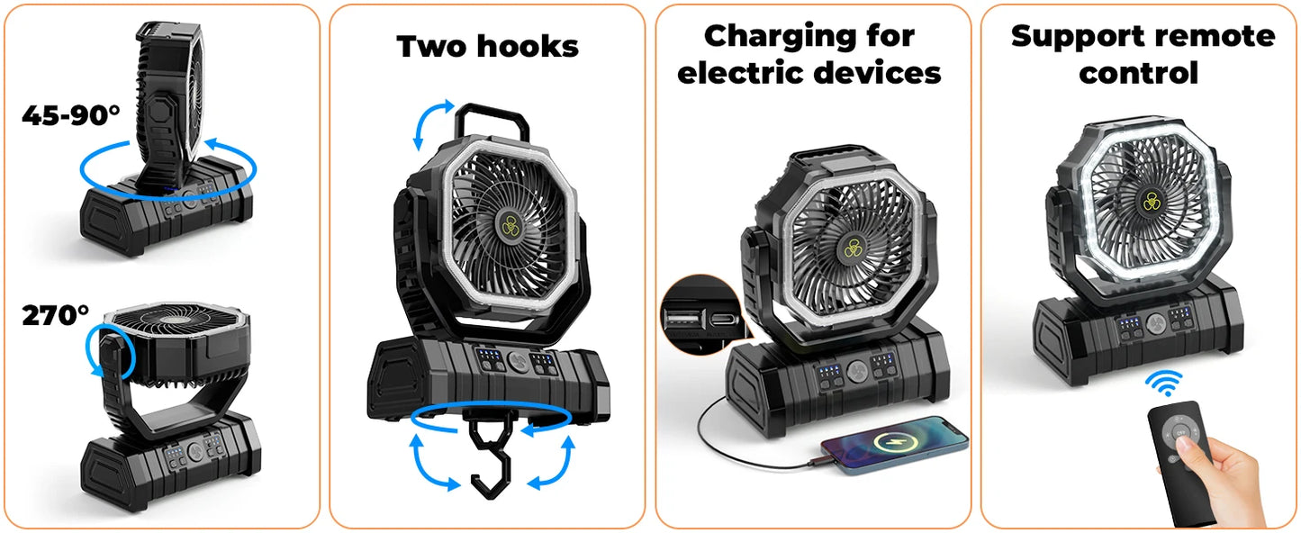 20000mAh Portable Camping Fan — Rechargeable Battery-Powered Outdoor Tent Fan with LED Light, Hanging Hook & 4-Speed Wind