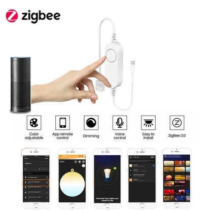 Zigbee 3.0 Smart LED Controller – DC 5V/12V/24V Dimmer for Single Color, CCT, RGB, RGBW & RGBCCT LED Strips, Compatible with Tuya, Alexa & SmartThings