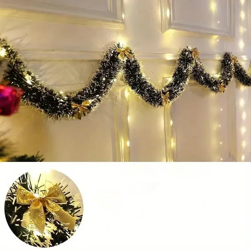 2M Christmas Tinsel Garland with LED Lights – Metallic Twist Artificial Xmas Hanging Decoration